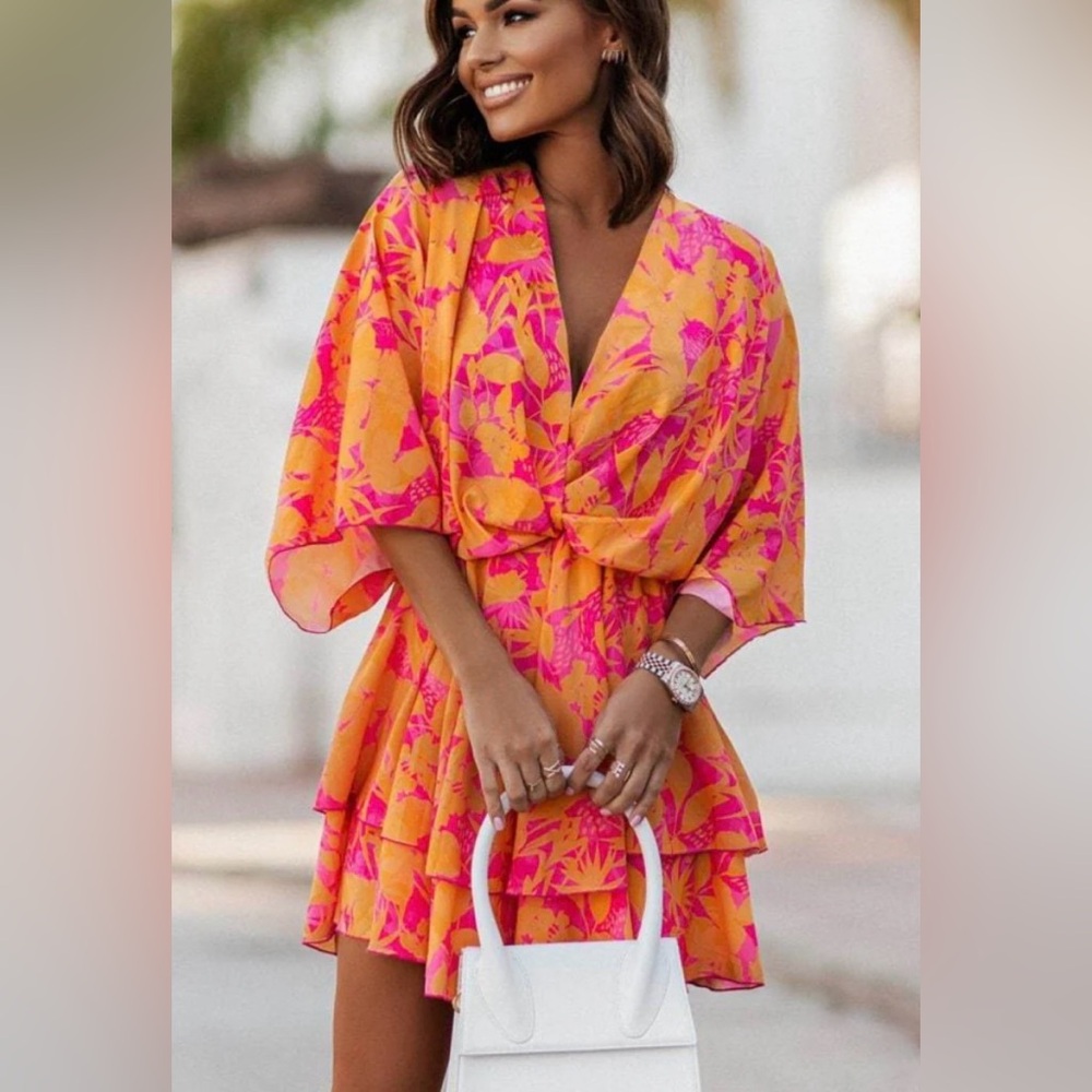 Tropical Pink and Orange Wrap Dress